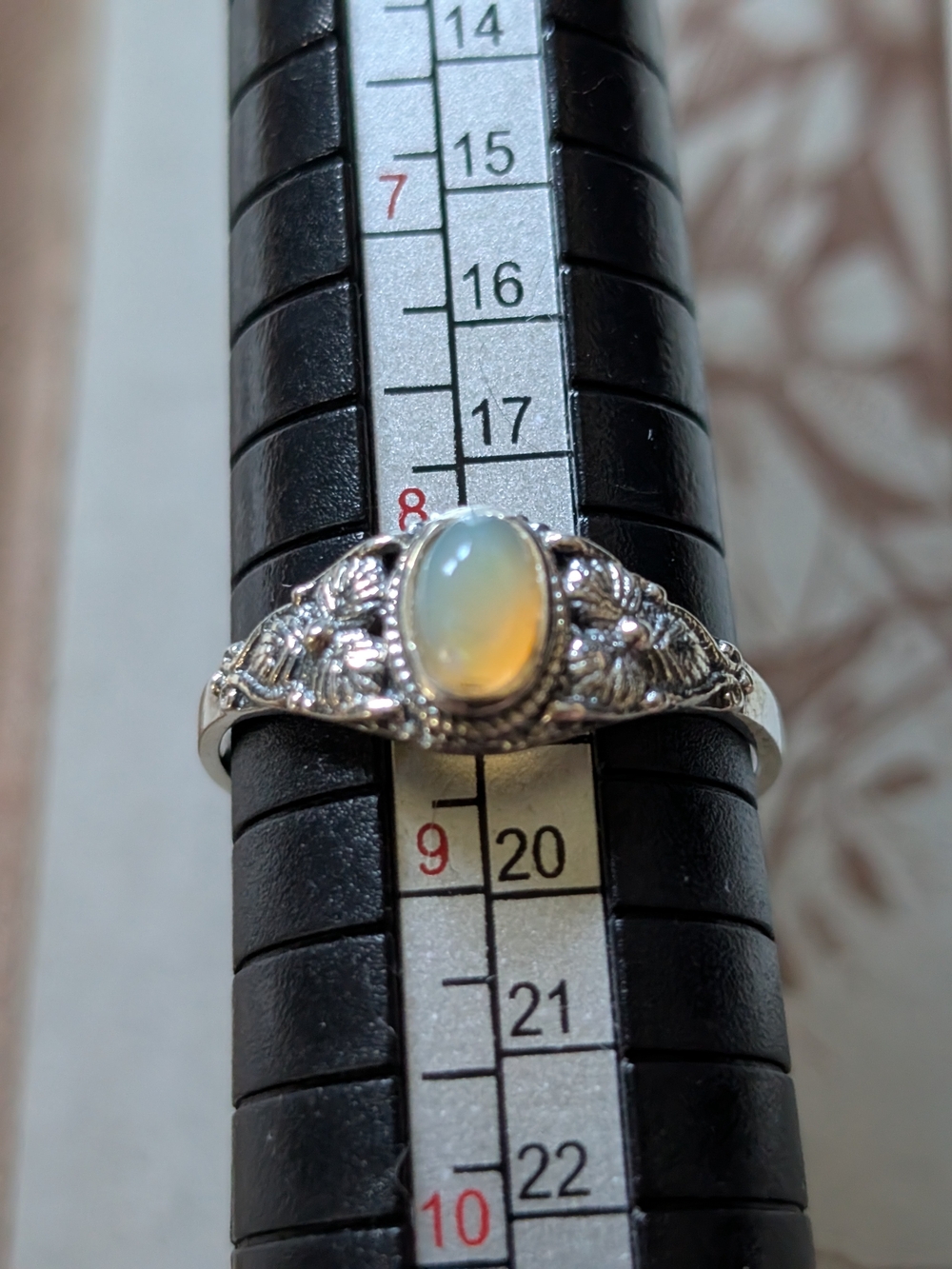 Sterling Silver ring with Ethiopian opal stone and ornate floral detailing Sz9